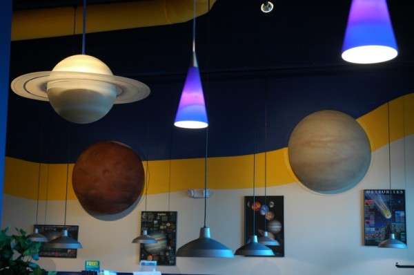 Saturn, Mars and Venus models in restaurant