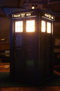 Doctor Who Tardis with lights on.